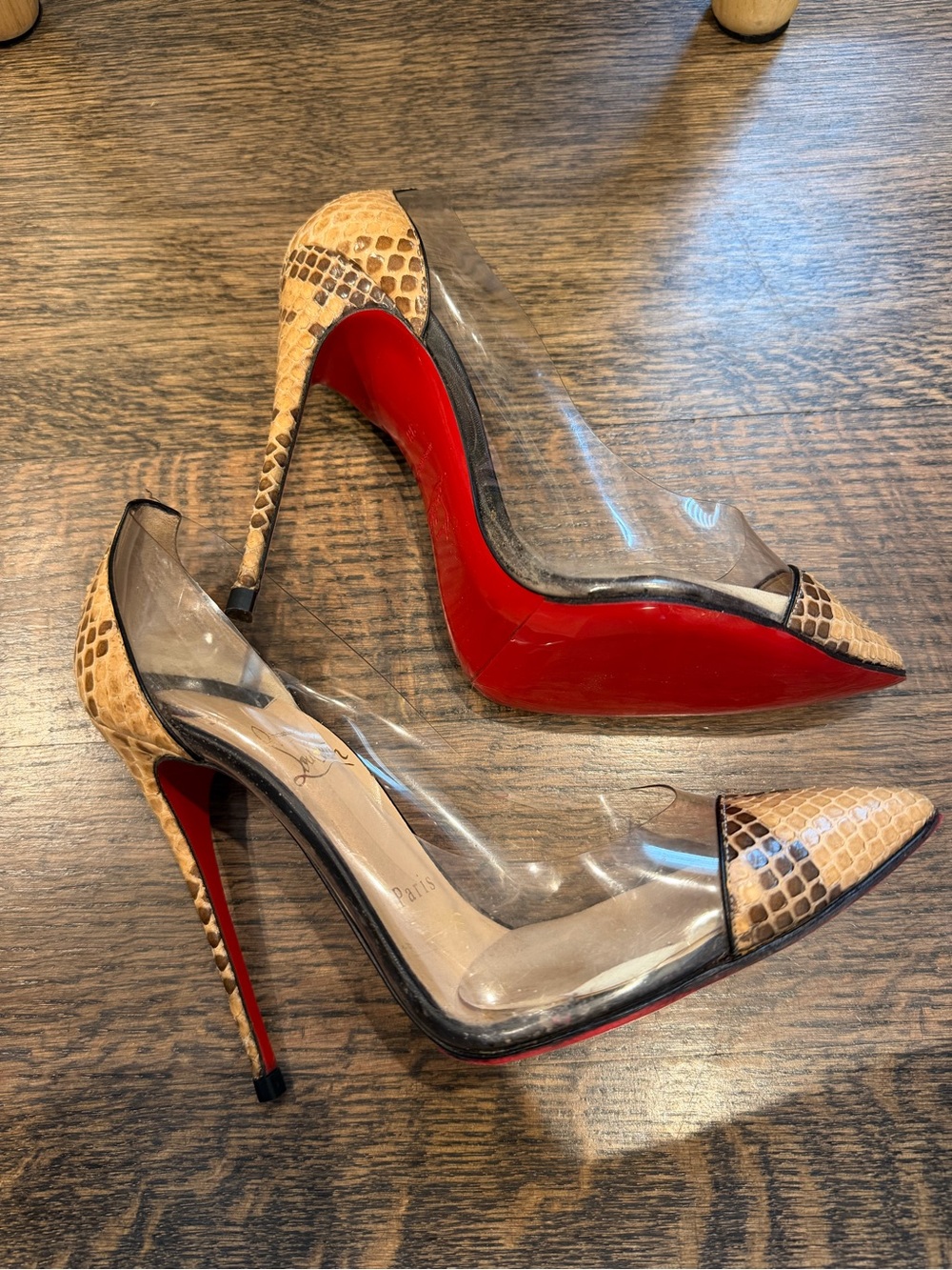 Christian Louboutin DEBOUT 120 Python Snakeskin 🐍 Clear PVC Pointed Toe Pumps 38